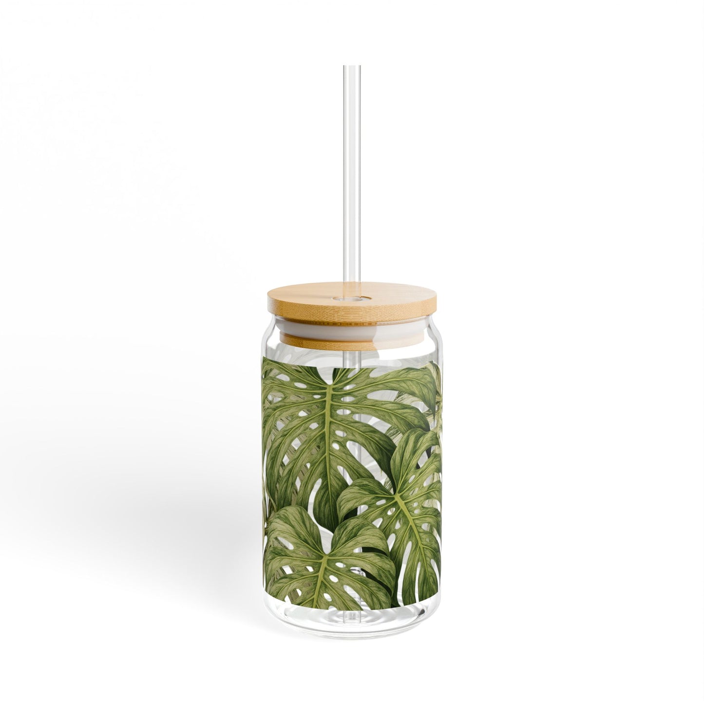 Monstera Leaf 16oz Glass Sipper with Bamboo Lid – Tropical Reusable Drink Cup
