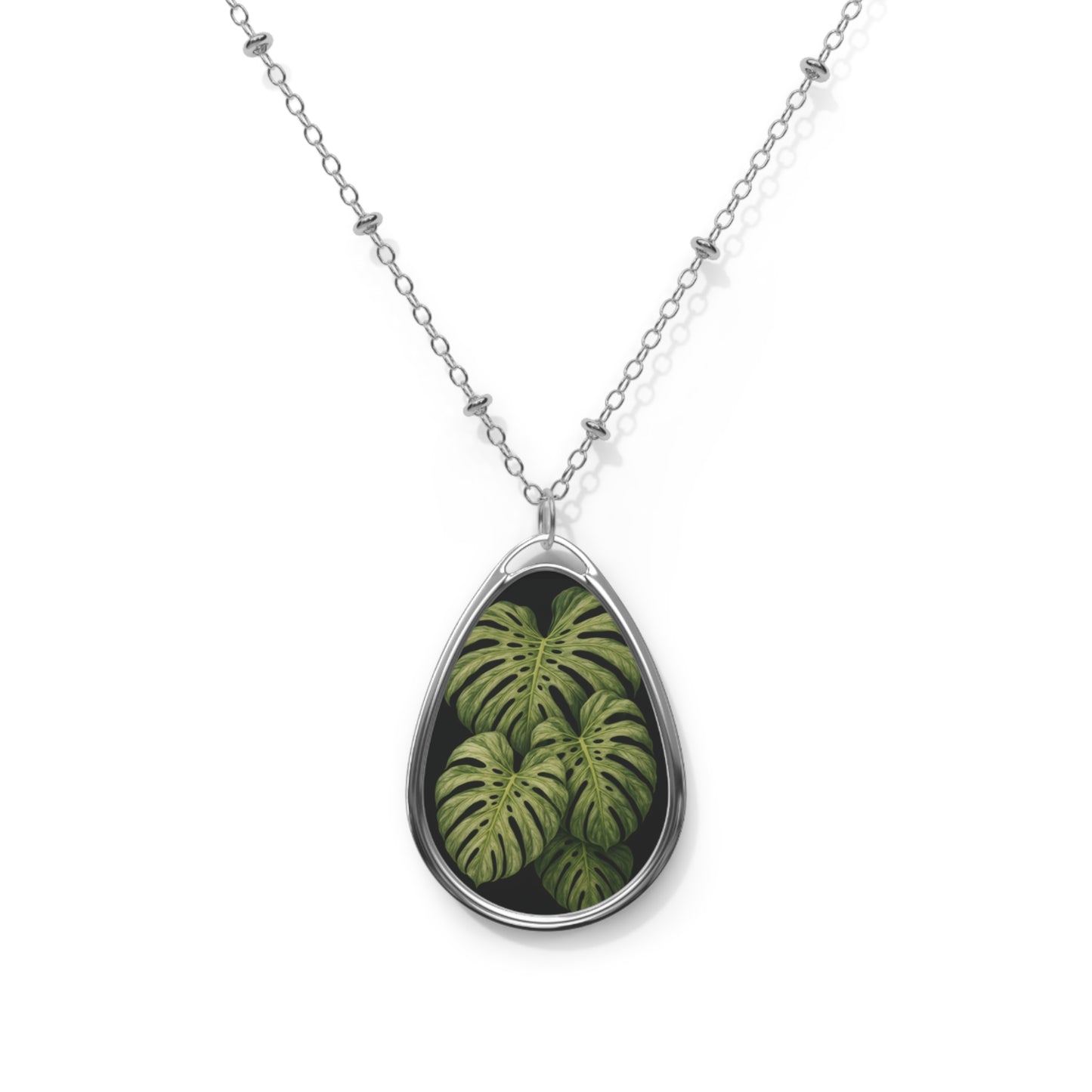 Monstera Leaf Oval Pendant Necklace — Botanical Teardrop Jewelry