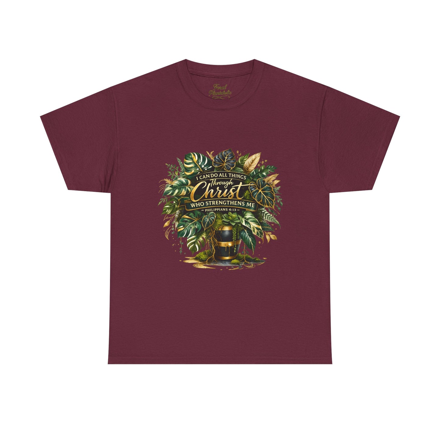 Christian Faith T-Shirt — "Christ Who Strengthens Me" Botanical Design