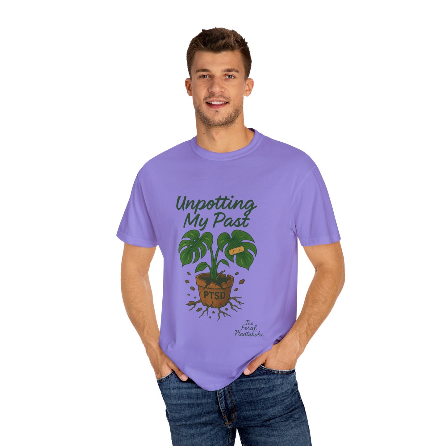 Unisex Garment-Dyed T-Shirt - "Unpotting My Past" with Monstera Design for Mental Health Awareness
