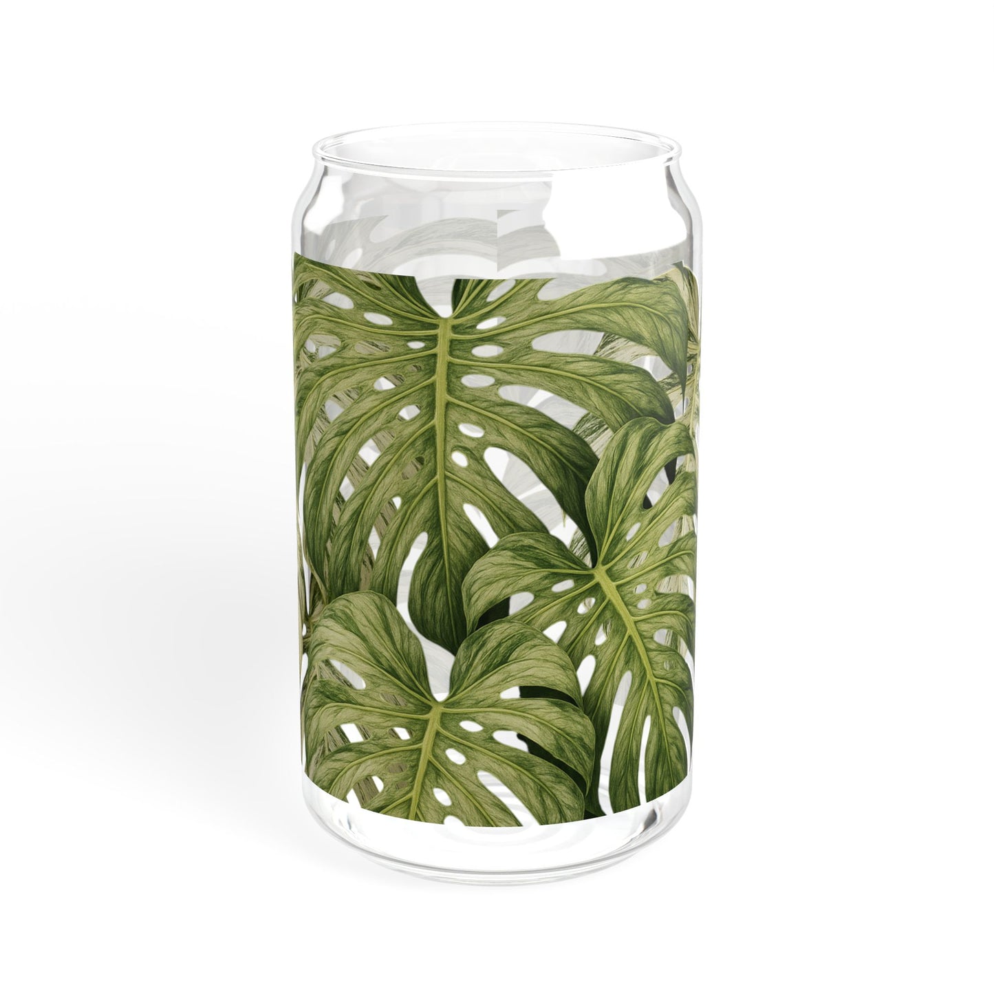 Monstera Leaf 16oz Glass Sipper with Bamboo Lid – Tropical Reusable Drink Cup