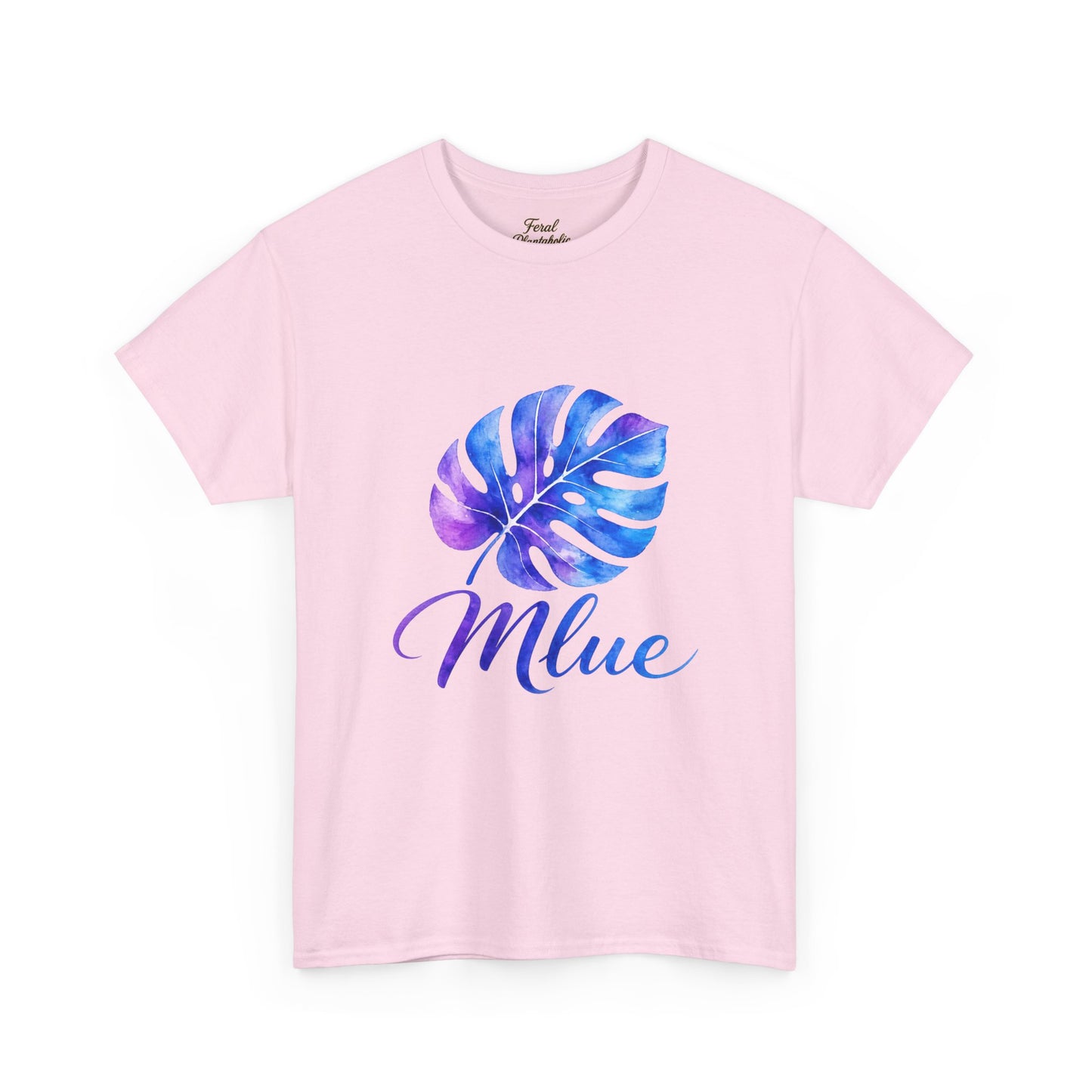 Blue Watercolor Monstera T‑Shirt — Tropical Leaf Graphic Tee with 'Blue' Script