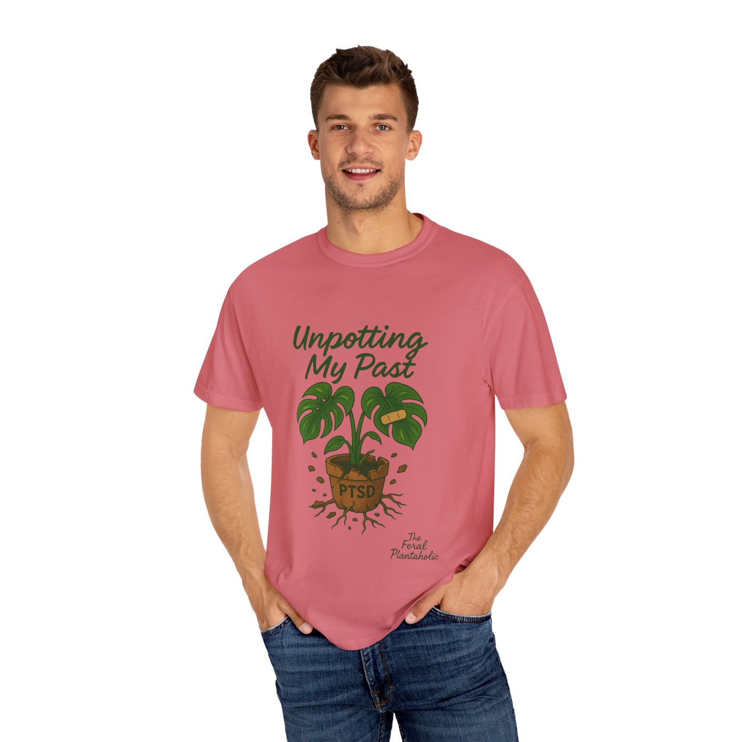 Unisex Garment-Dyed T-Shirt - "Unpotting My Past" with Monstera Design for Mental Health Awareness