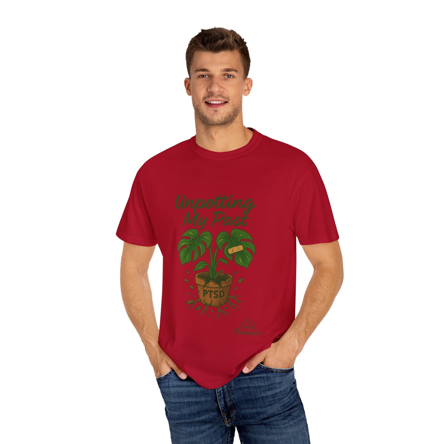 Unisex Garment-Dyed T-Shirt - "Unpotting My Past" with Monstera Design for Mental Health Awareness
