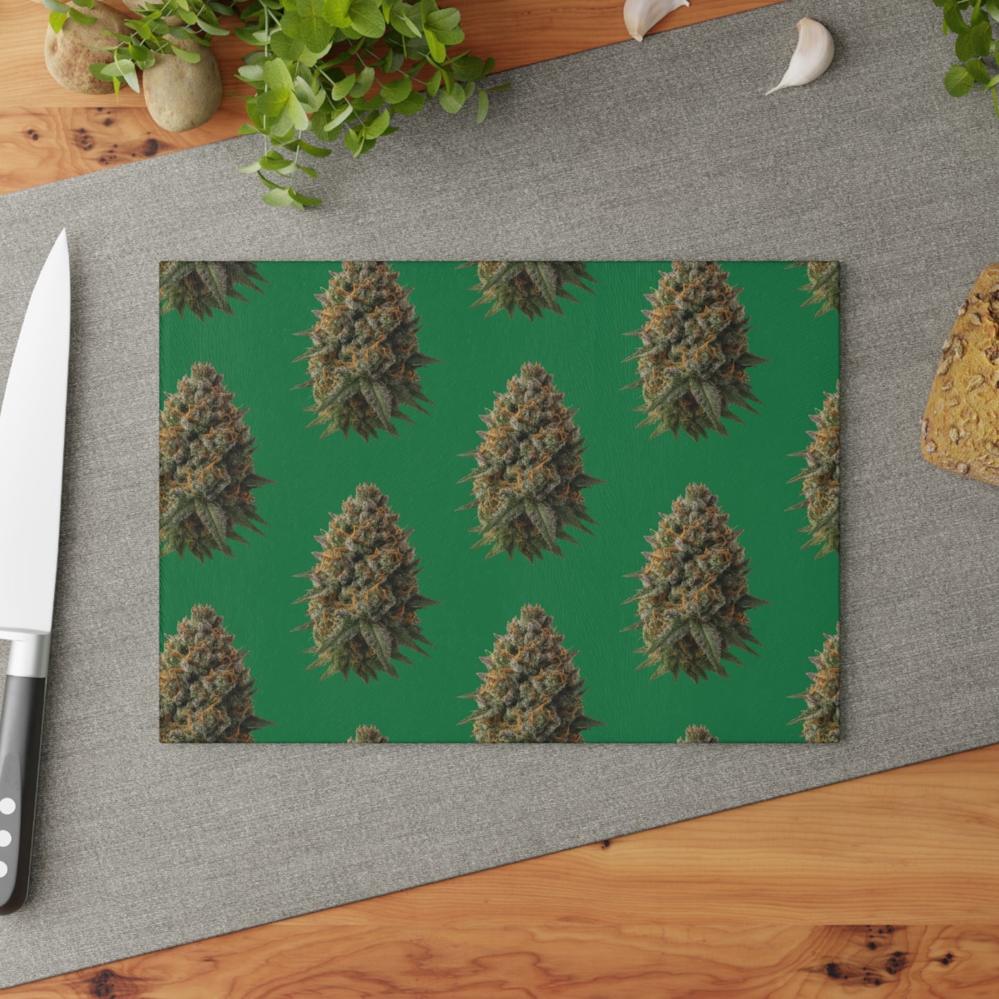 Herb Pattern Glass Cutting Board — Cannabis Bud Design