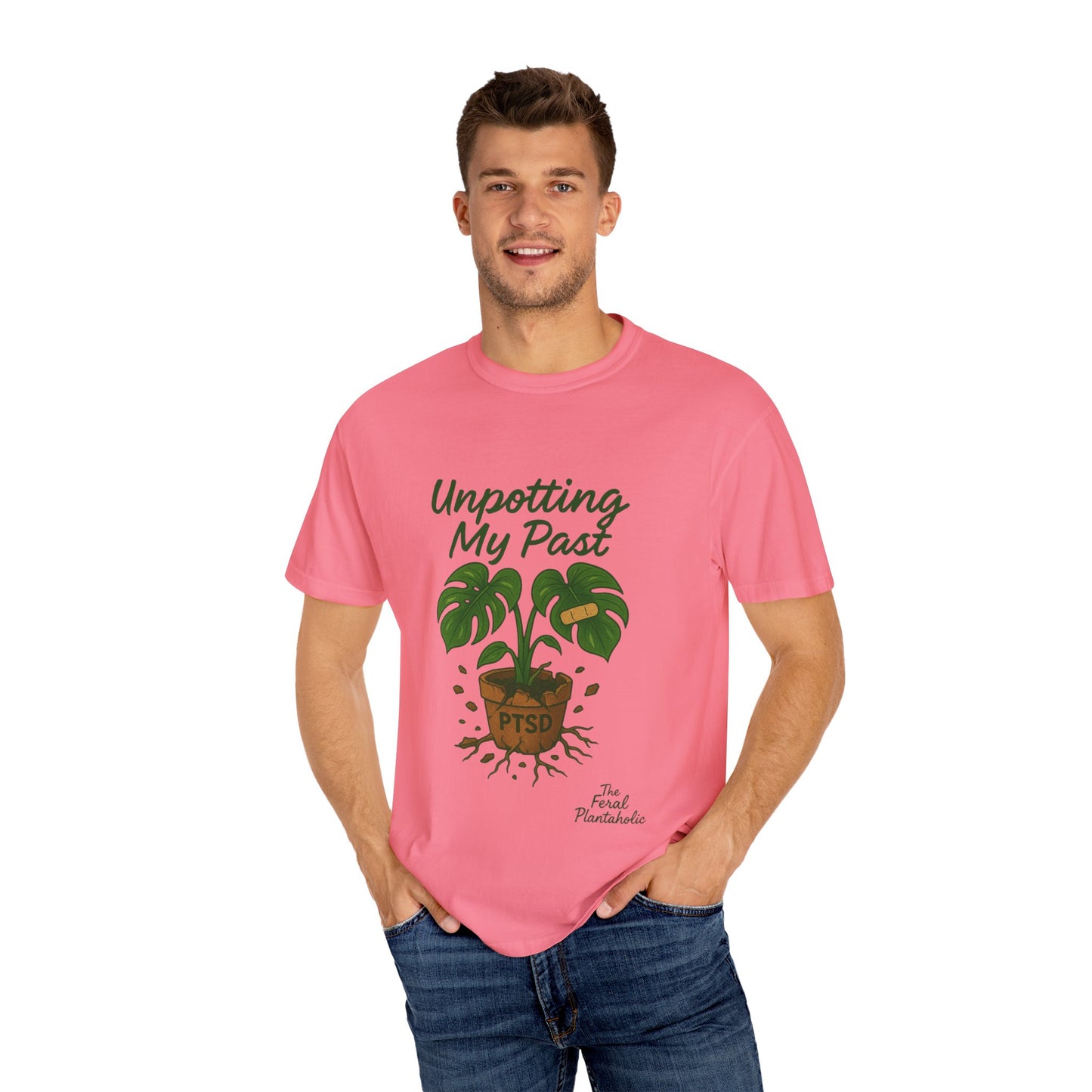 Unisex Garment-Dyed T-Shirt - "Unpotting My Past" with Monstera Design for Mental Health Awareness