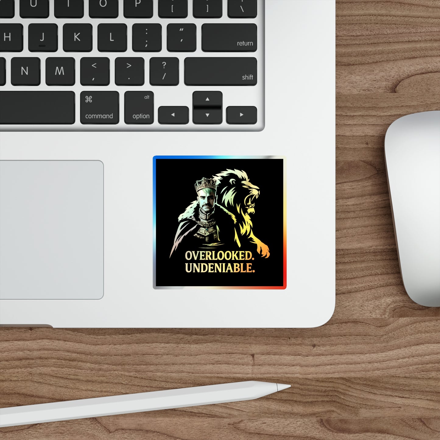 Holographic Lion Crest Sticker — “Overlooked. Undeniable.” Die-Cut Vinyl