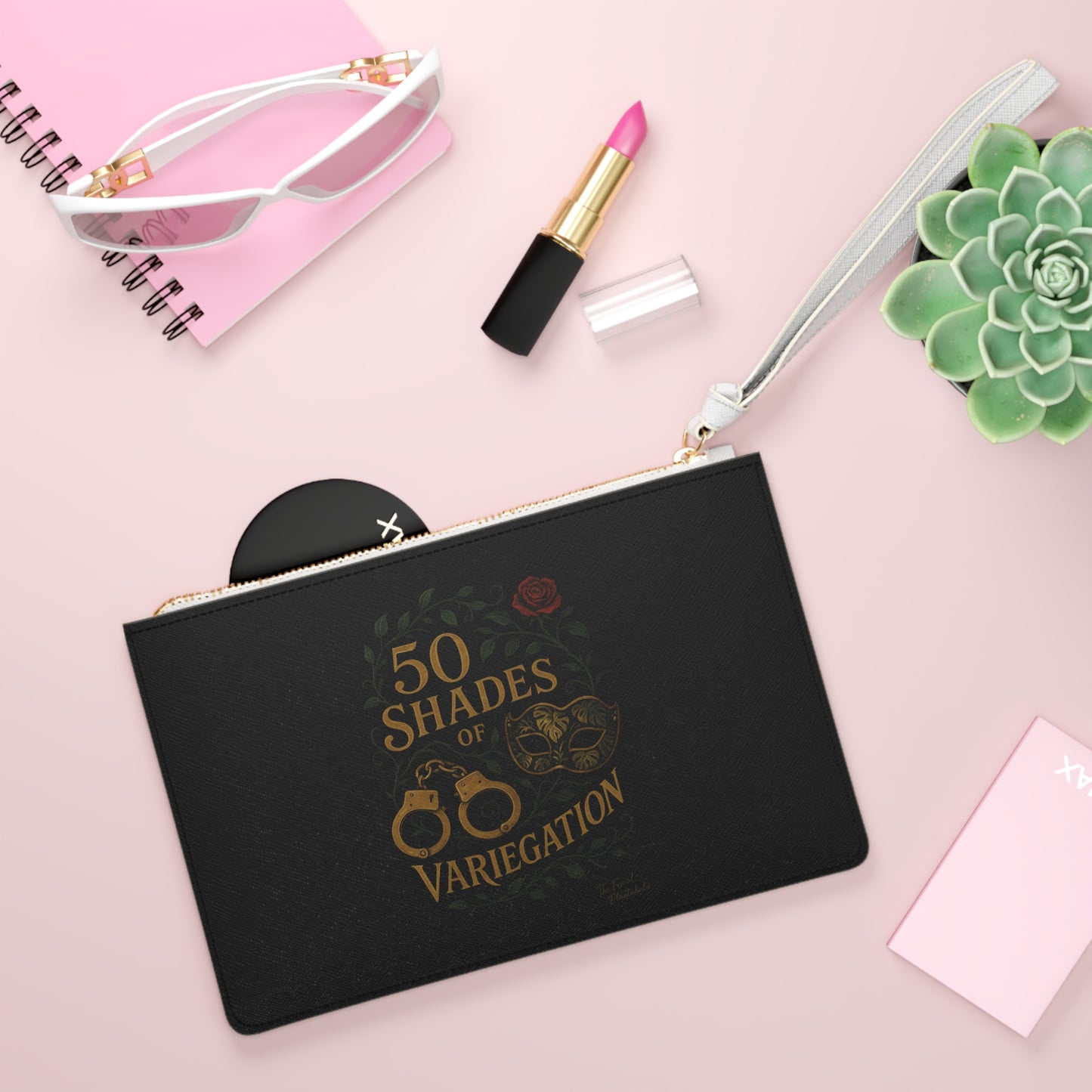 50 Shades of Variegation Clutch Bag — Novelty Black Wristlet with Handcuffs & Mask Design