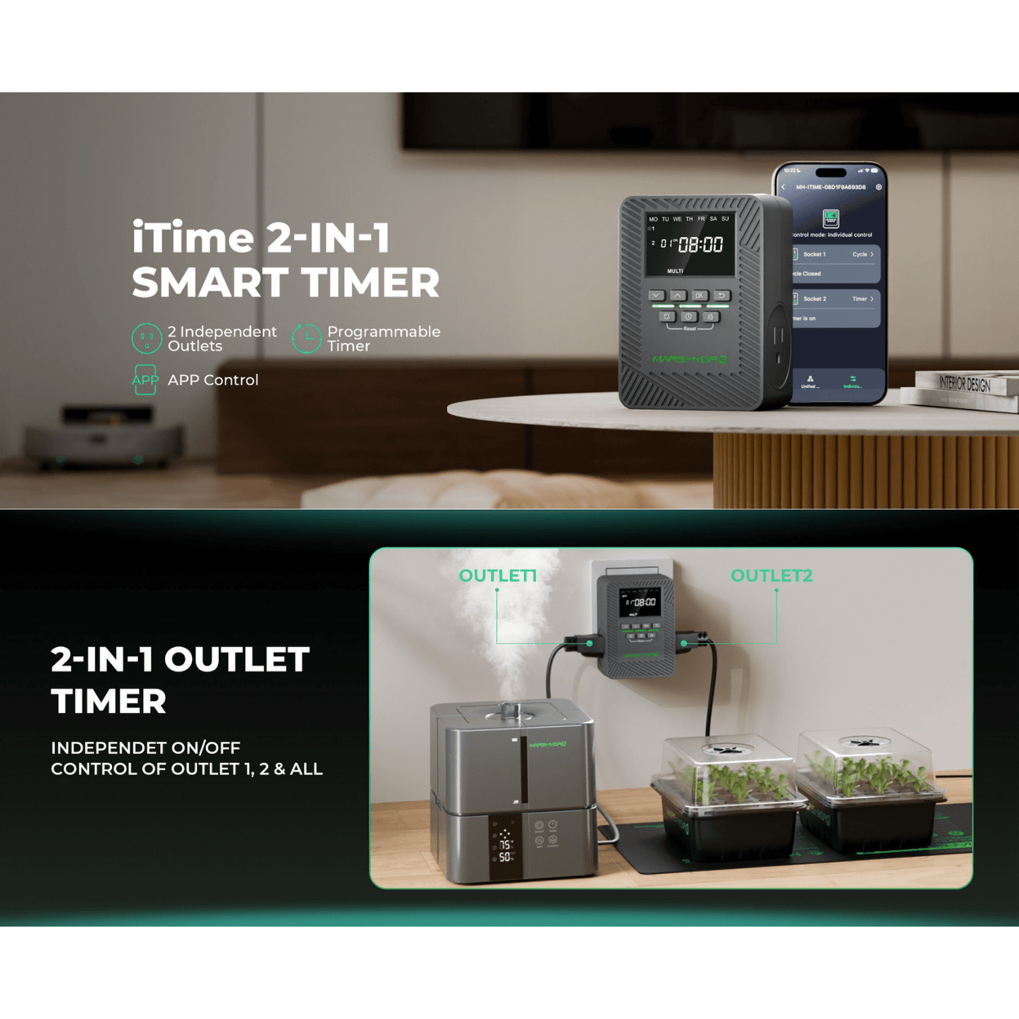 Mars Hydro iTime 2-in-1  Dual Outlet Smart Timer with App Control and Custom Scheduling