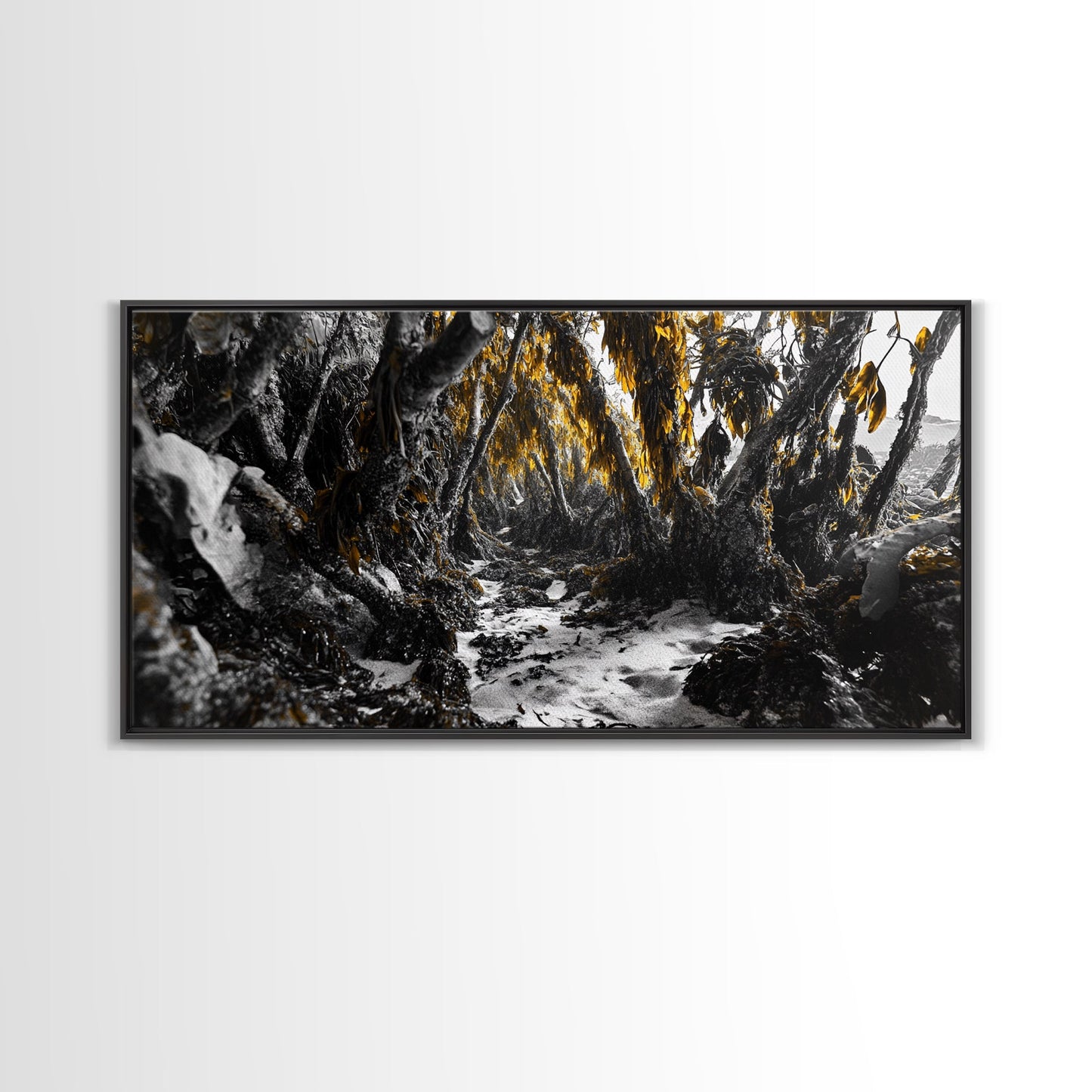 Kelp Forest, Coastal Jungle, Tidal Path, Ocean Shadows – Framed Canvas Print, Moody Marine Wall Art, Bathroom Decor, Natural Ocean Tones