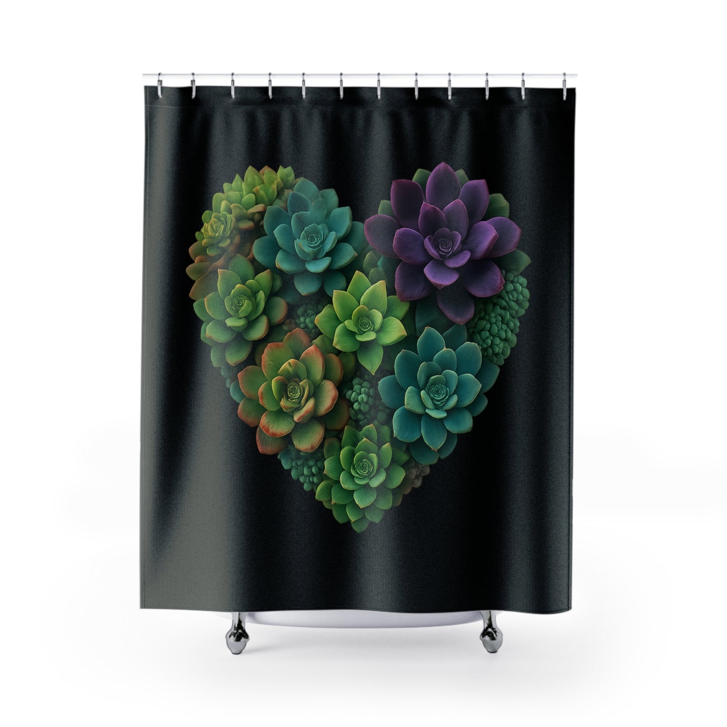 Succulent Heart Shower Curtain — Botanical Green & Purple Bathroom Decor