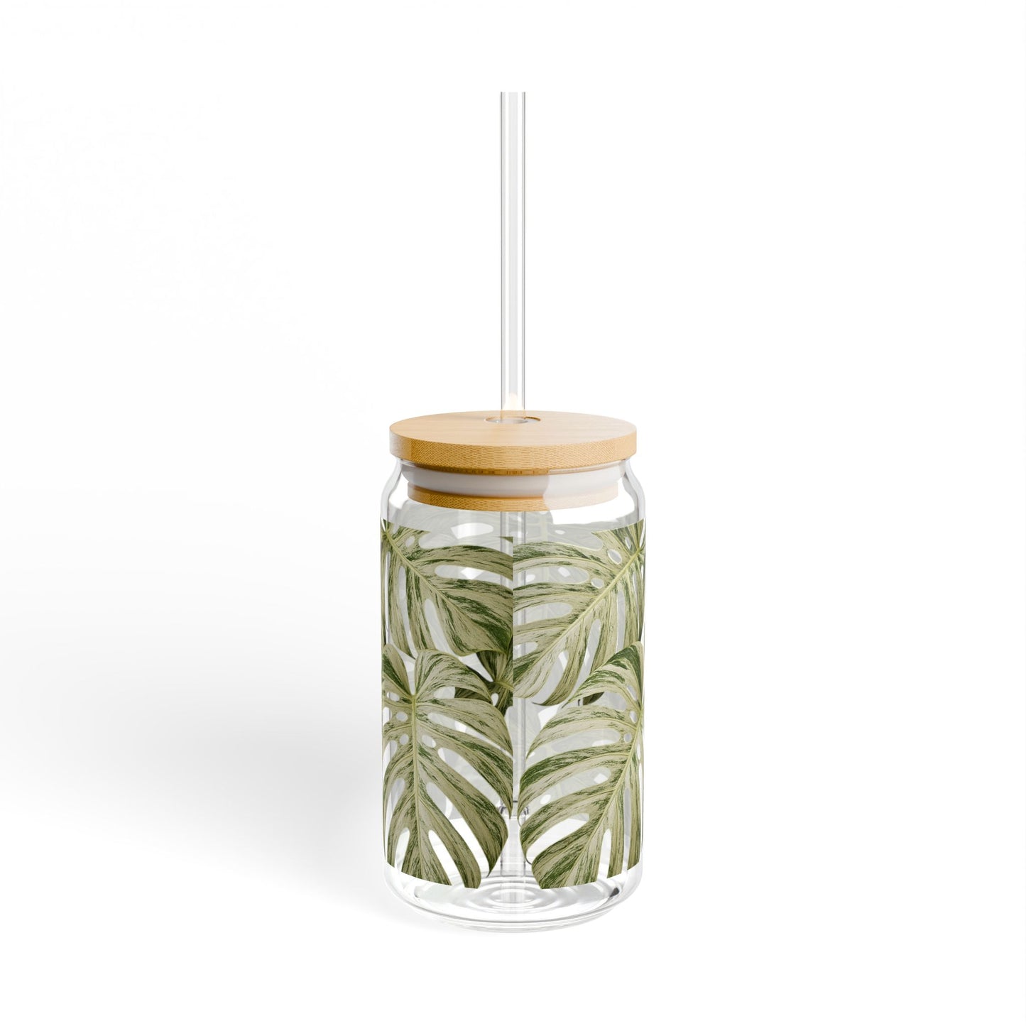 Monstera Leaf 16oz Glass Sipper with Bamboo Lid – Tropical Reusable Drink Cup