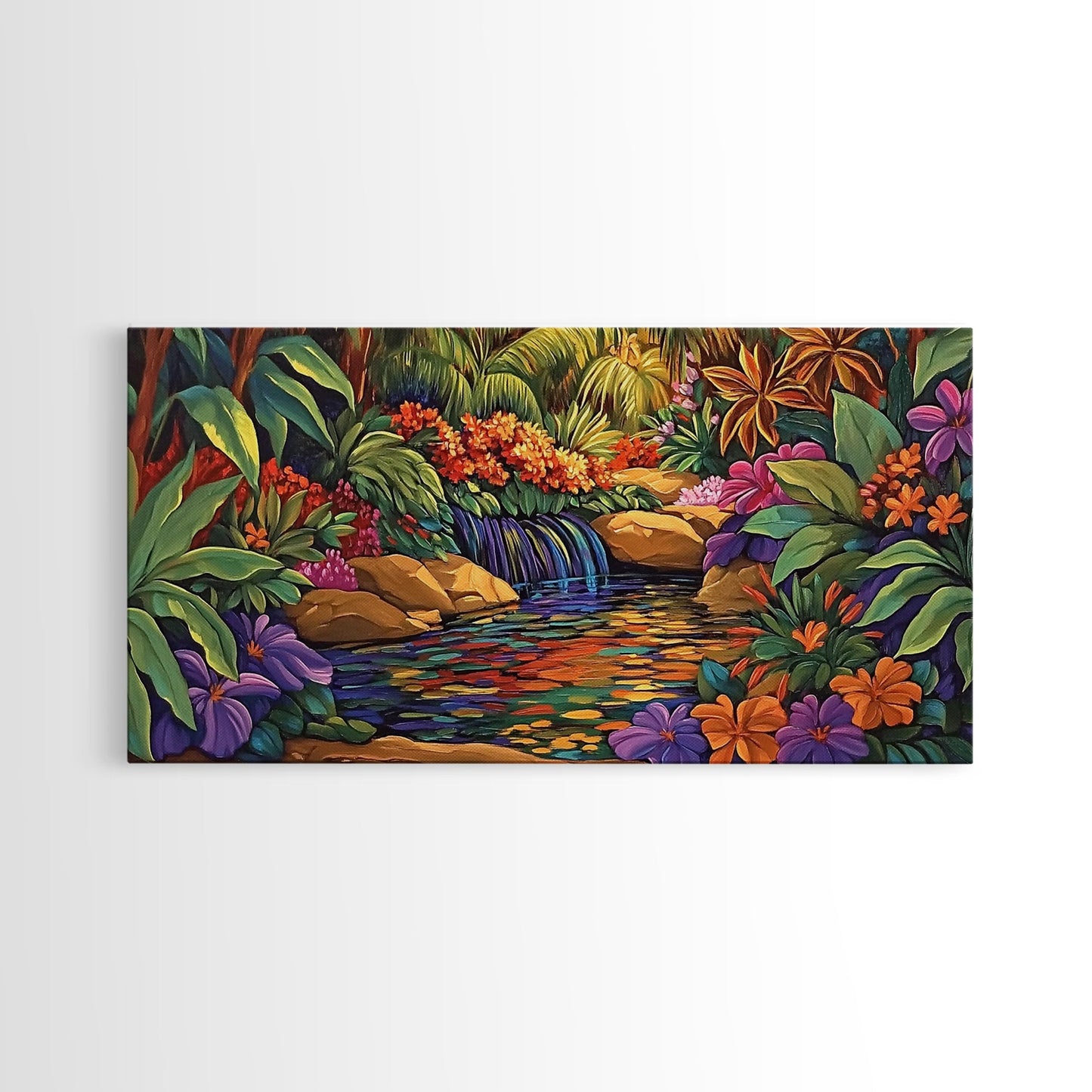 Jungle Waterfall, Floral, Vivid, Canvas Print, Botanical Wall Art, Tropical Home Decor, Boho Jungle Artwork, Bathroom Accent Piece