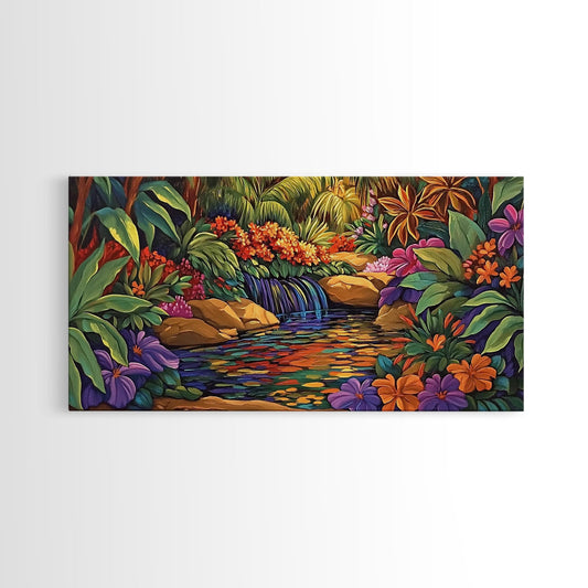 Jungle Waterfall, Floral, Vivid, Canvas Print, Botanical Wall Art, Tropical Home Decor, Boho Jungle Artwork, Bathroom Accent Piece