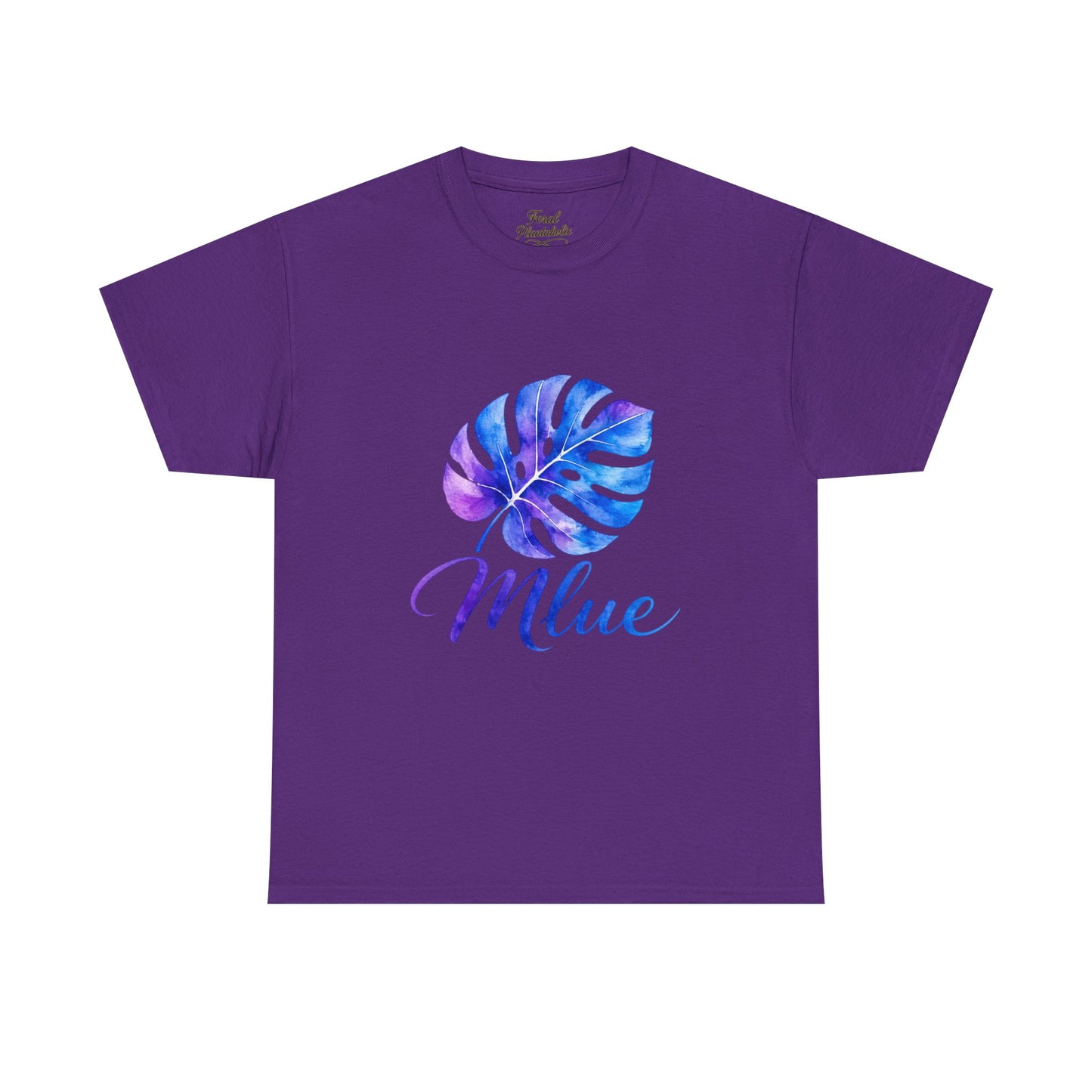 Blue Watercolor Monstera T‑Shirt — Tropical Leaf Graphic Tee with 'Blue' Script