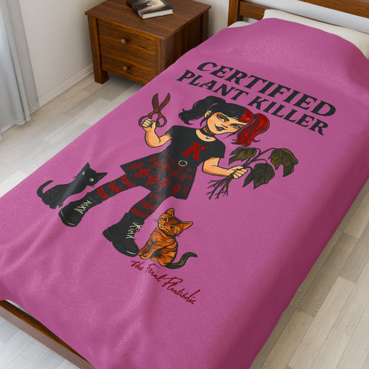 Certified Plant Killer Velveteen Plush Blanket, Cozy Throw, Cat Lover Gift, Indoor Decor, Funny Home Accents