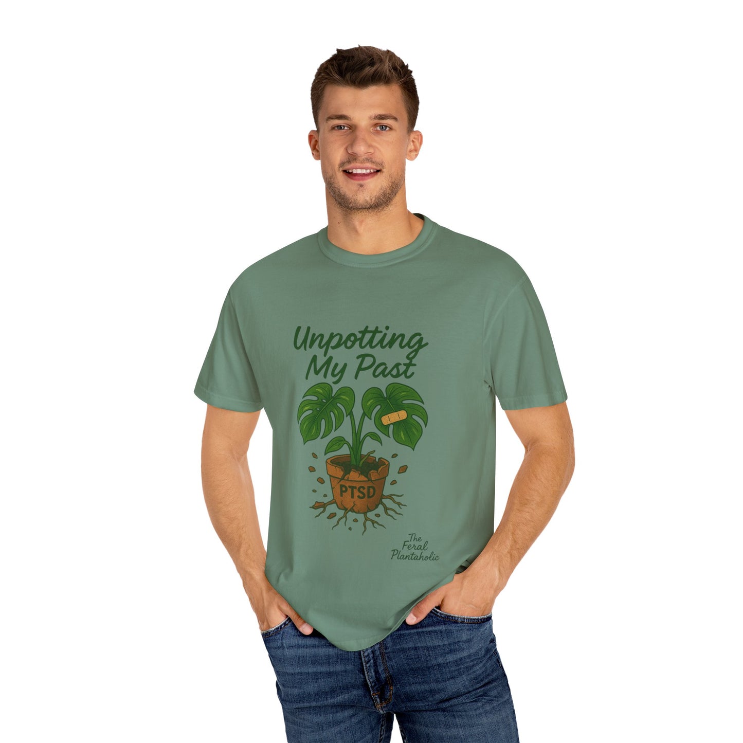 Unisex Garment-Dyed T-Shirt - "Unpotting My Past" with Monstera Design for Mental Health Awareness