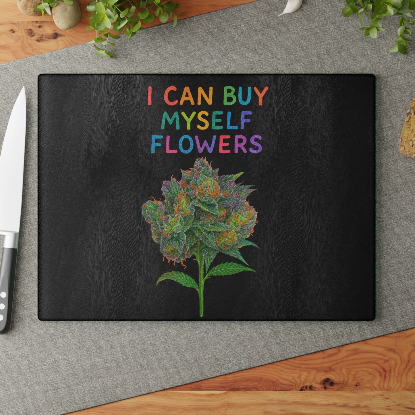 Glass Cutting Board — "I Can Buy Myself Flowers" Colorful Floral Kitchen Board