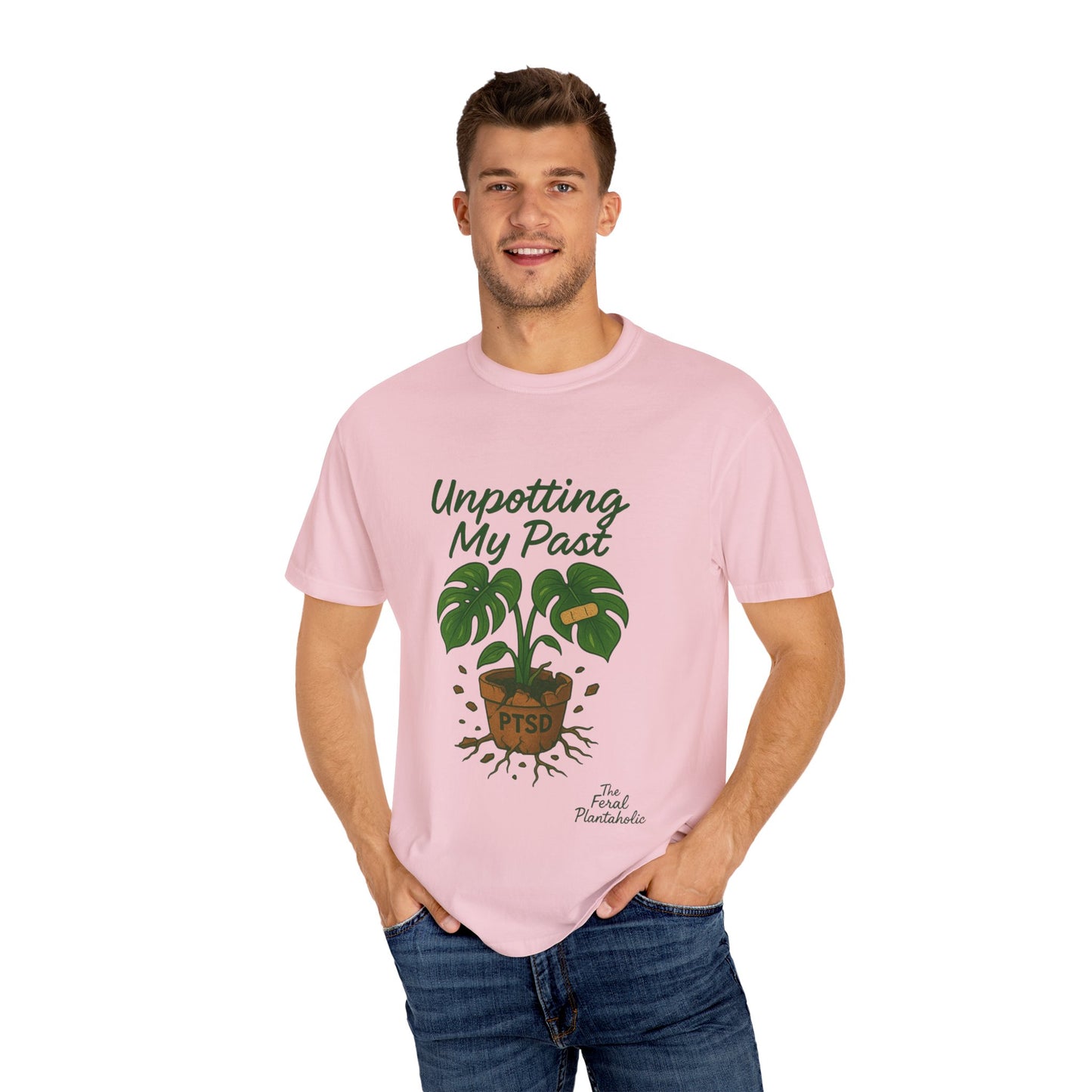 Unisex Garment-Dyed T-Shirt - "Unpotting My Past" with Monstera Design for Mental Health Awareness