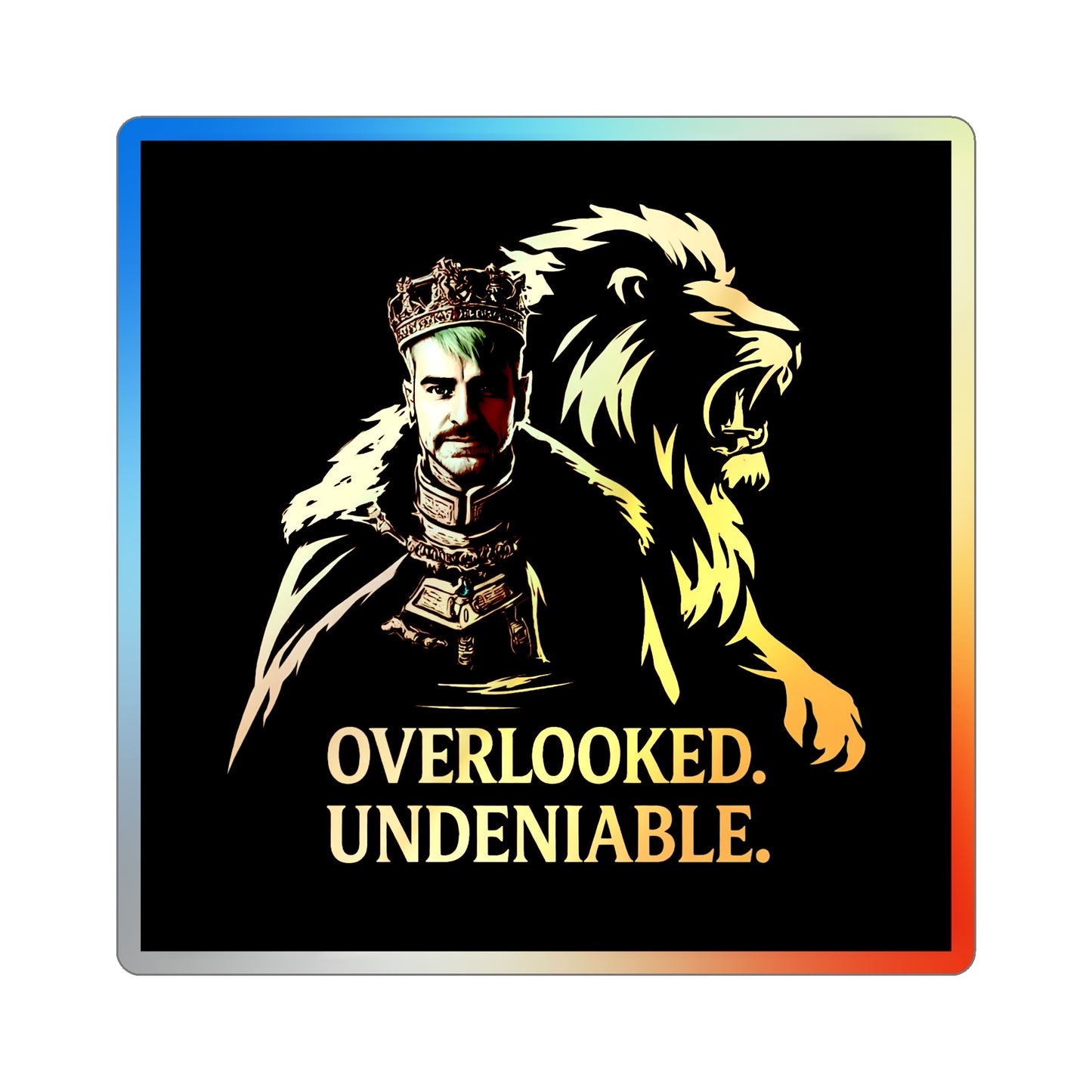 Holographic Lion Crest Sticker — “Overlooked. Undeniable.” Die-Cut Vinyl