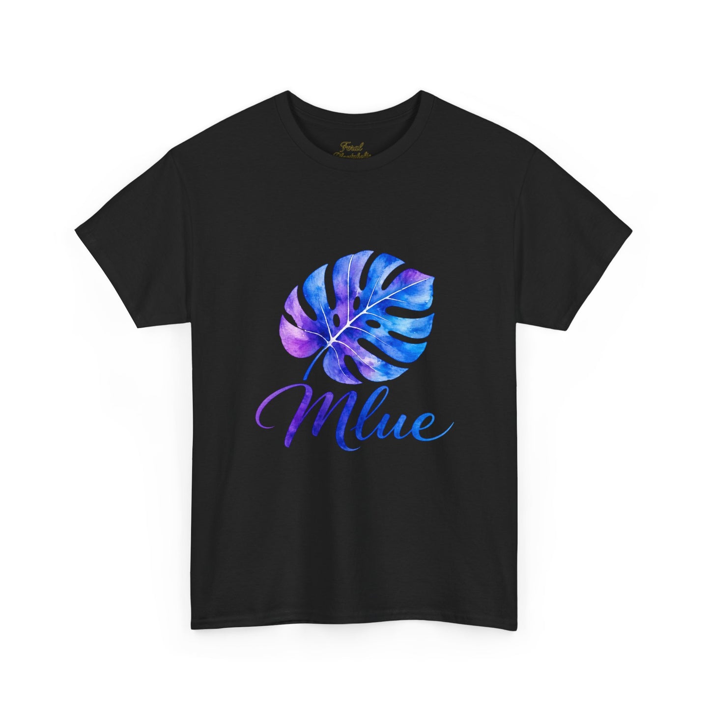 Blue Watercolor Monstera T‑Shirt — Tropical Leaf Graphic Tee with 'Blue' Script