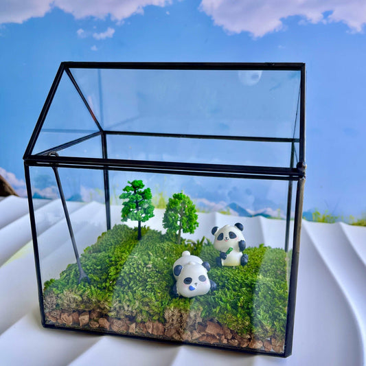 Handmade Panda Pals Glass Terrarium - Miniature Wildlife Scene and Tranquil Moss Garden - Perfect School Friend Gift
