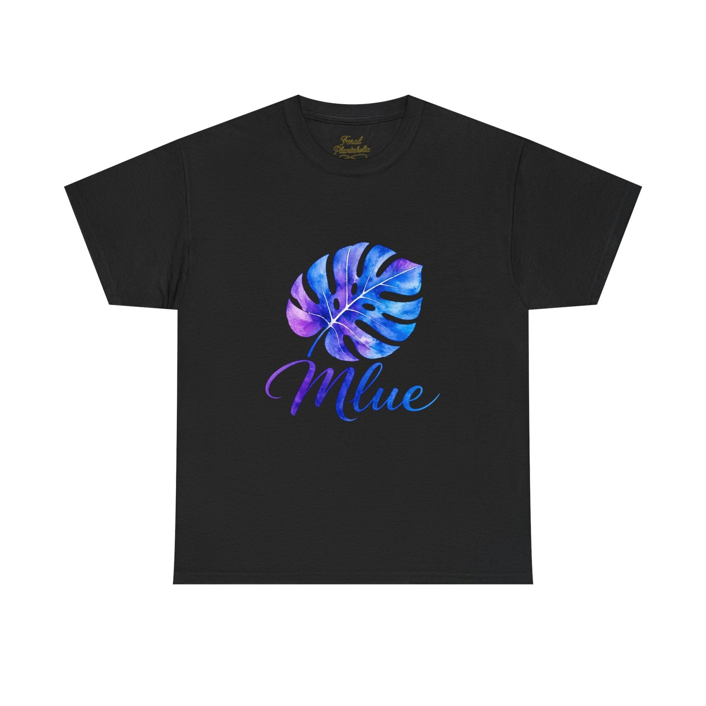 Blue Watercolor Monstera T‑Shirt — Tropical Leaf Graphic Tee with 'Blue' Script