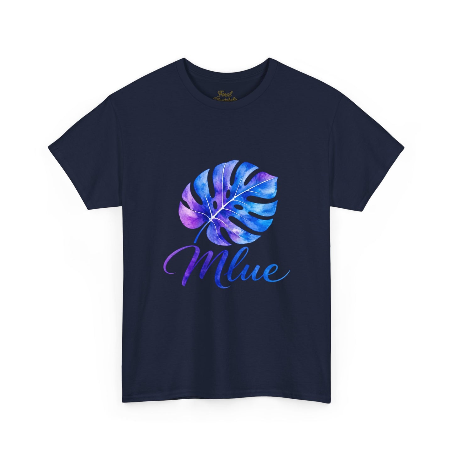 Blue Watercolor Monstera T‑Shirt — Tropical Leaf Graphic Tee with 'Blue' Script