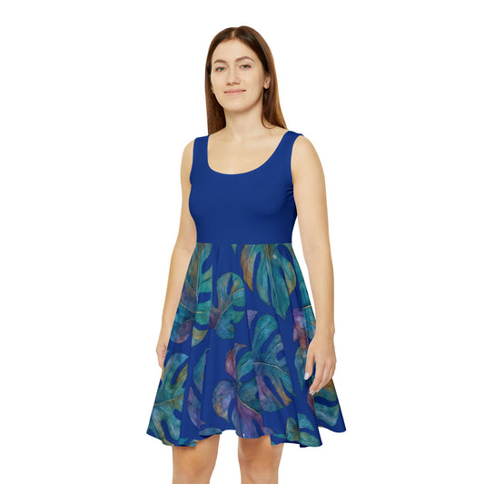 Tropical Leaf Skater Dress, Women's Casual Summer Dress, Beach Party Dress, Lightweight Flare Dress, Boho Style Dress, Floral Print Dress