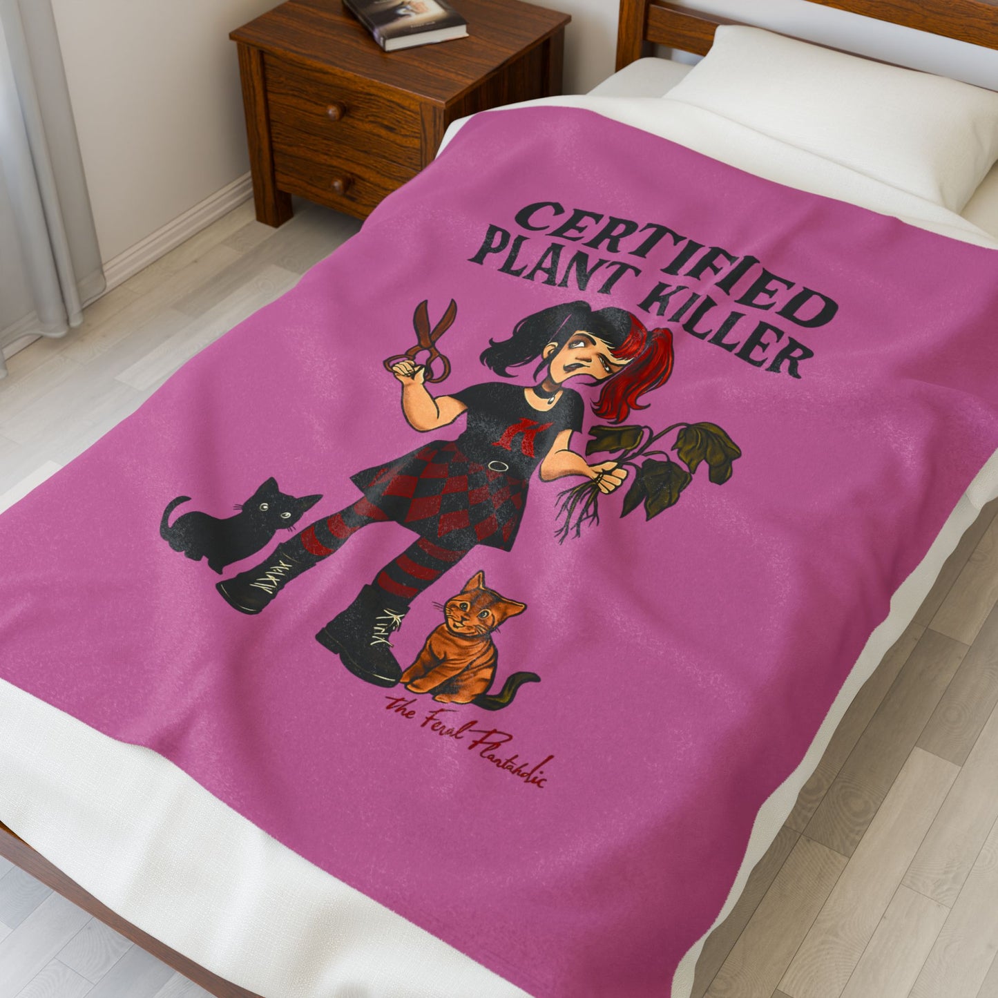Certified Plant Killer Velveteen Plush Blanket, Cozy Throw, Cat Lover Gift, Indoor Decor, Funny Home Accents
