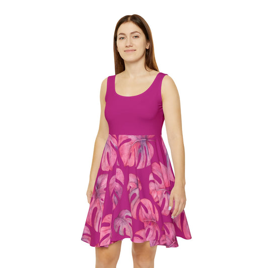 Tropical Leaf Print Skater Dress | Summer Fashion, Beachwear, Casual Dress, Gift for Her, Vacation Outfit