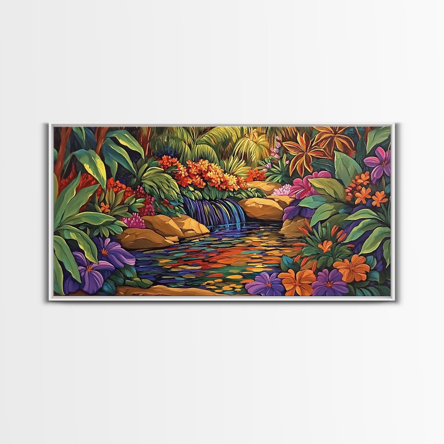 Jungle Waterfall, Floral, Vivid, Canvas Print, Botanical Wall Art, Tropical Home Decor, Boho Jungle Artwork, Bathroom Accent Piece