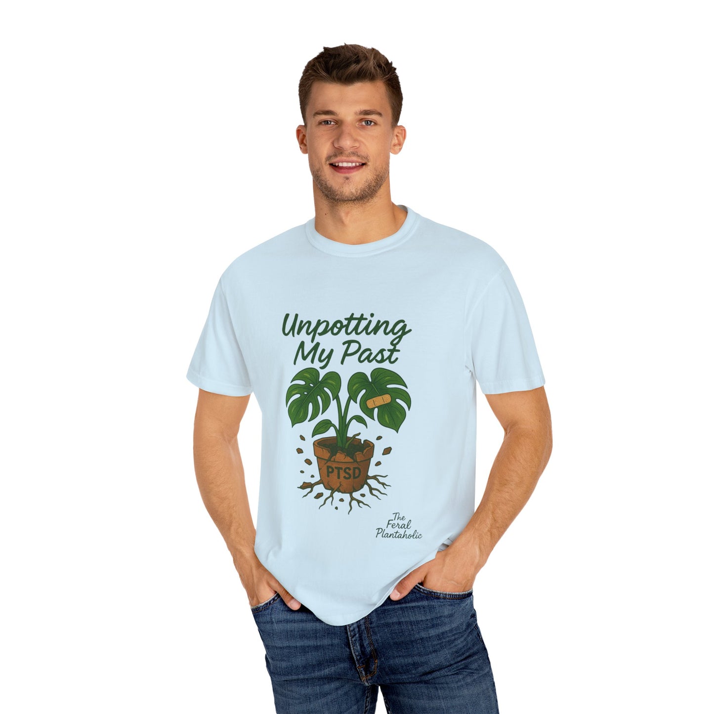 Unisex Garment-Dyed T-Shirt - "Unpotting My Past" with Monstera Design for Mental Health Awareness