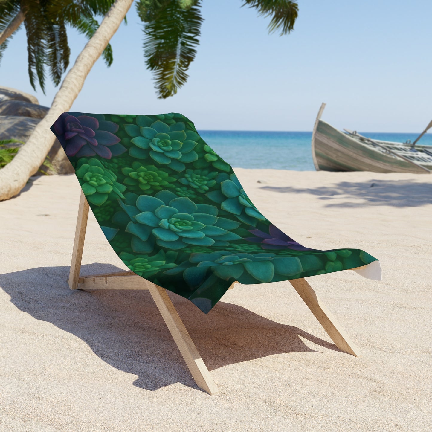Succulent Pattern Beach Towel — Tropical Green & Teal Succulent Print