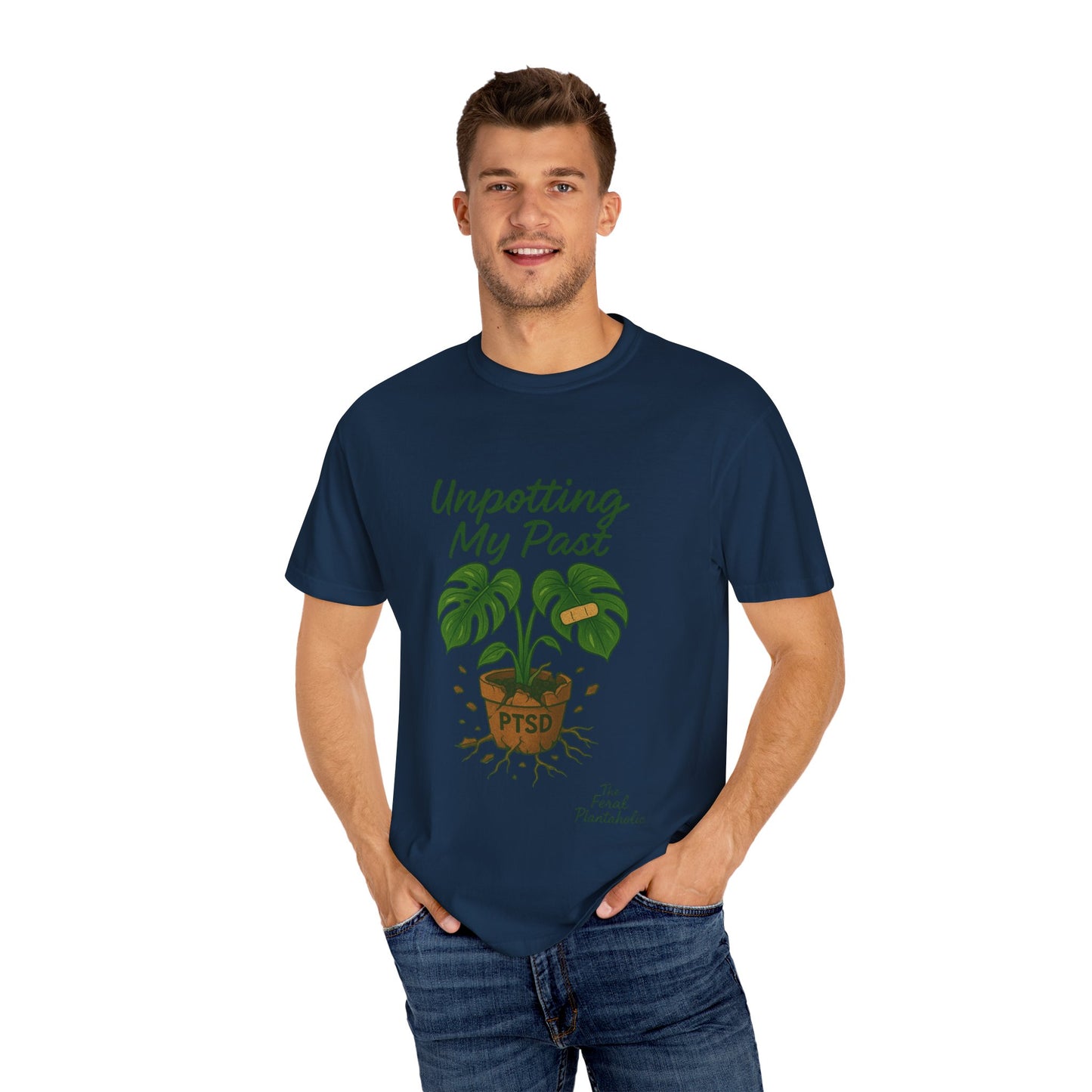 Unisex Garment-Dyed T-Shirt - "Unpotting My Past" with Monstera Design for Mental Health Awareness