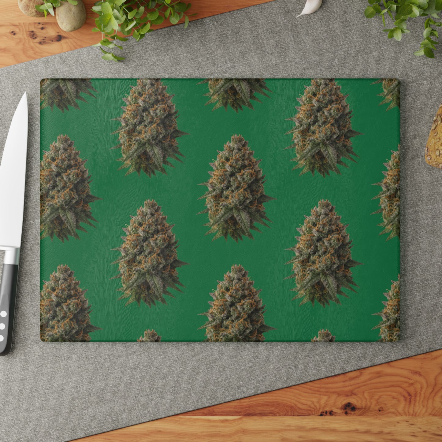 Herb Pattern Glass Cutting Board — Cannabis Bud Design