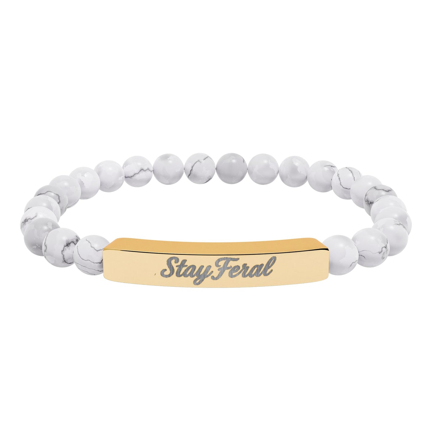 Engravable Natural Stone Bar Bracelet — Personalized Stretch Beaded Bracelet (e.g., "Stay Feral")