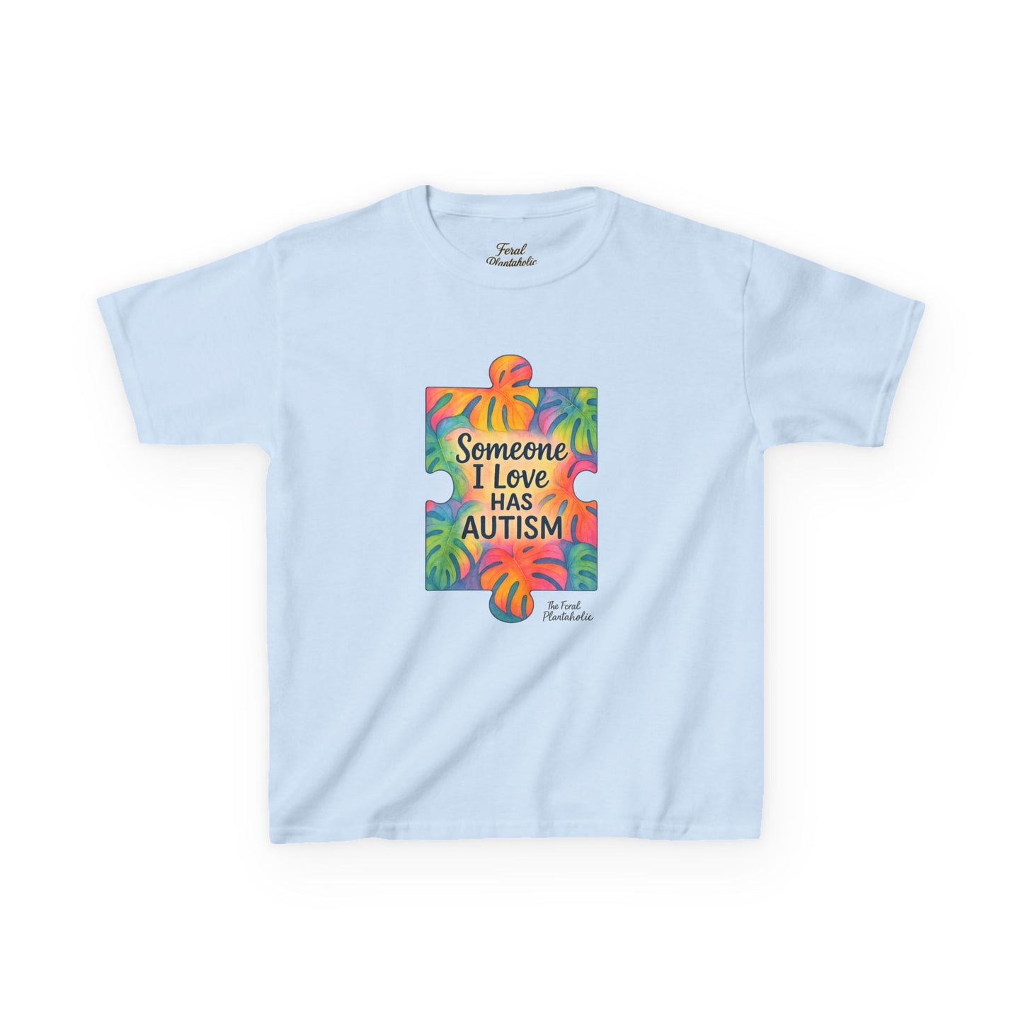 Kids T‑Shirt — "Someone I Love Has Autism" Colorful Puzzle Awareness Tee
