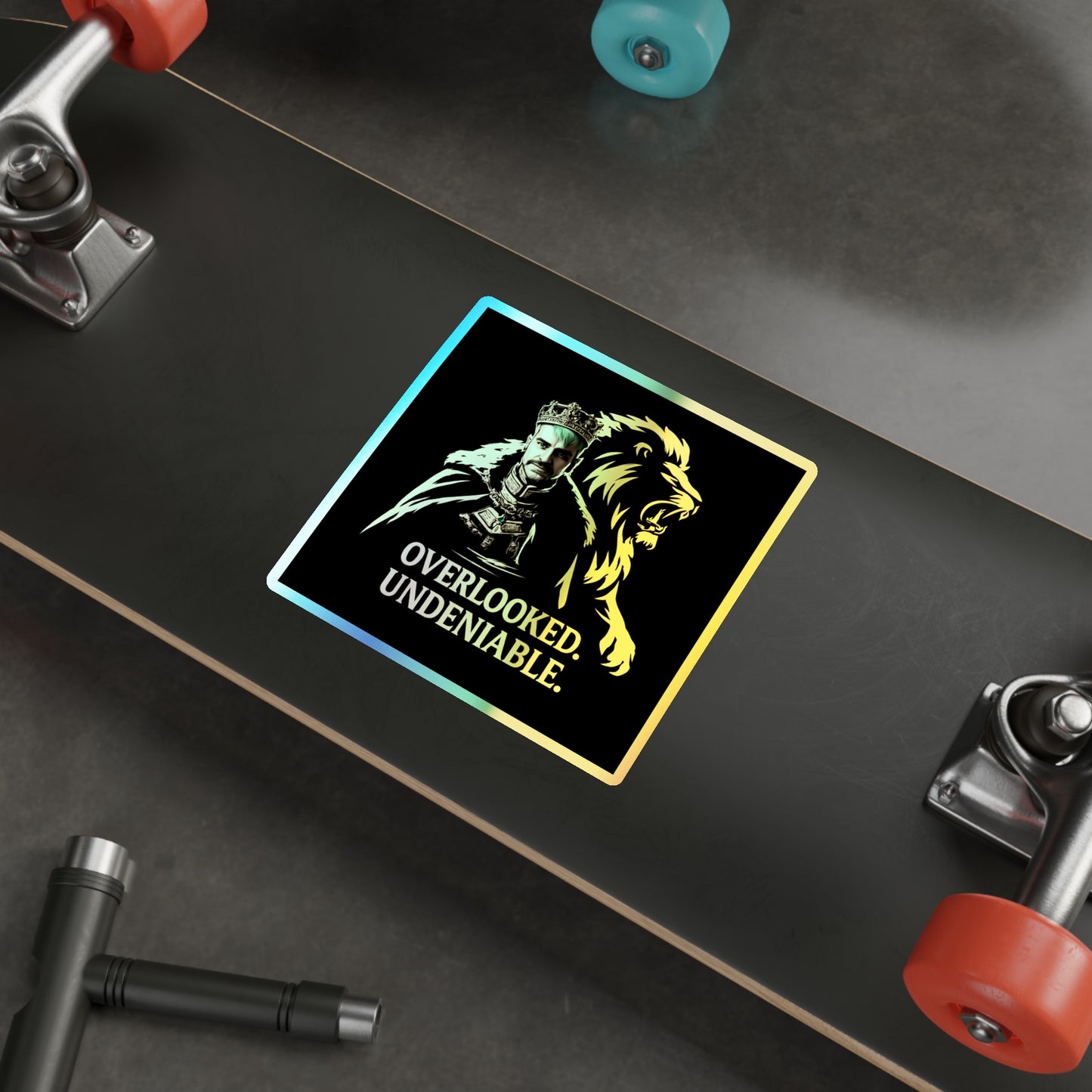 Holographic Lion Crest Sticker — “Overlooked. Undeniable.” Die-Cut Vinyl