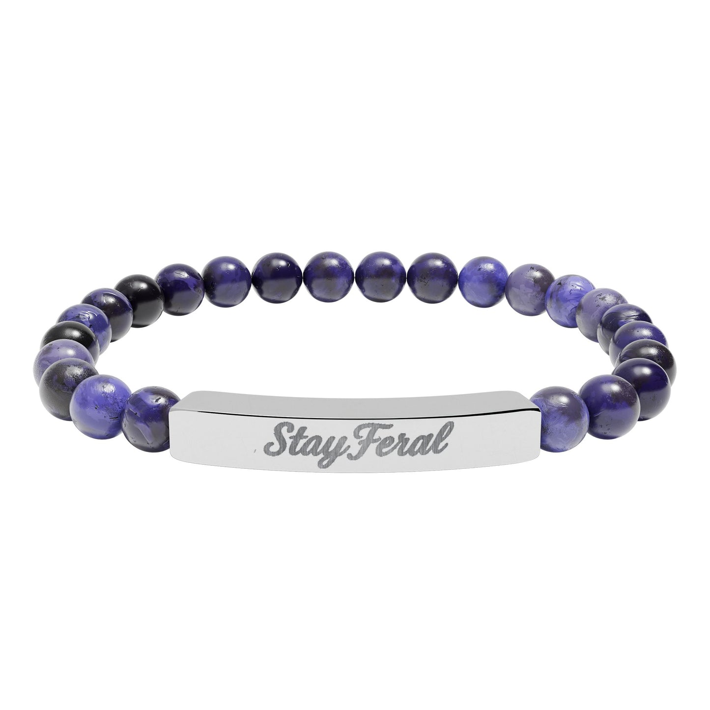Engravable Natural Stone Bar Bracelet — Personalized Stretch Beaded Bracelet (e.g., "Stay Feral")