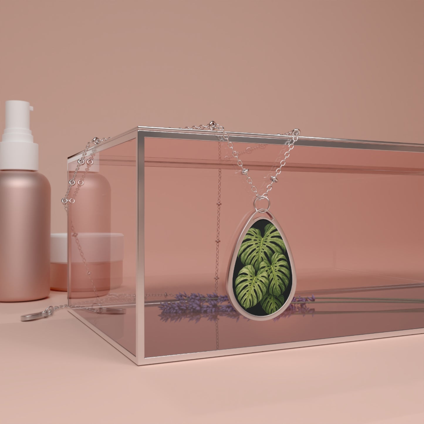 Monstera Leaf Oval Pendant Necklace — Botanical Teardrop Jewelry