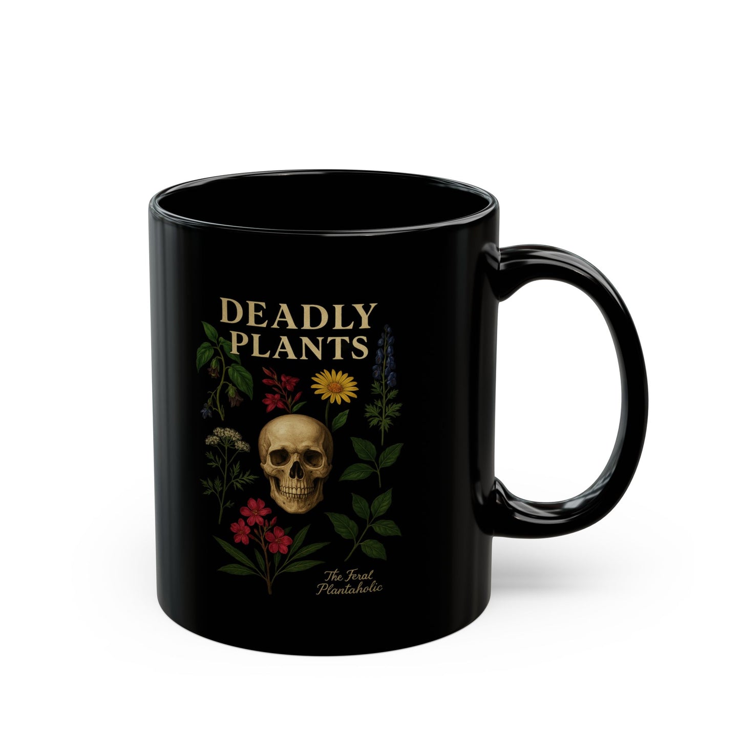 Deadly Plants Black Mug — Skull & Botanical Tea Coffee Cup (11oz/15oz)
