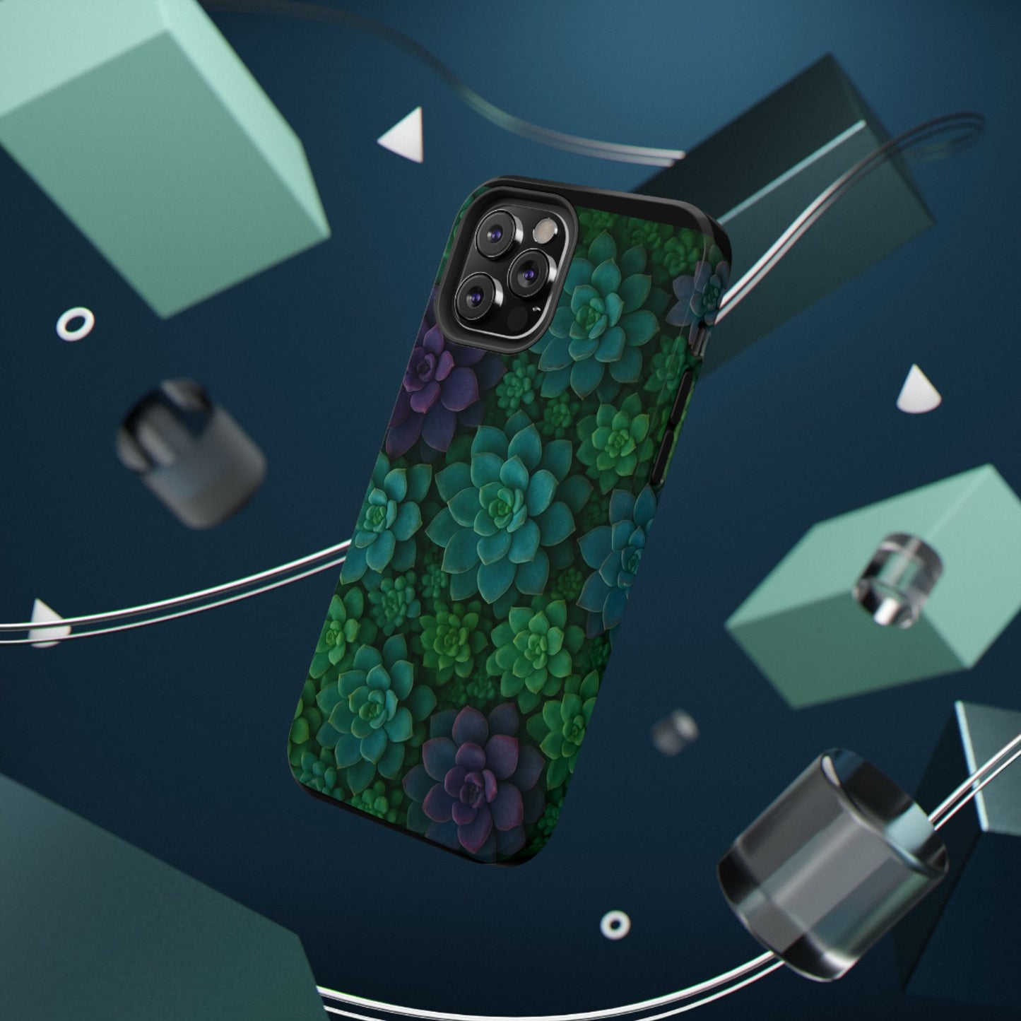 Succulent Pattern Impact-Resistant Phone Case — Green Teal Floral Protection