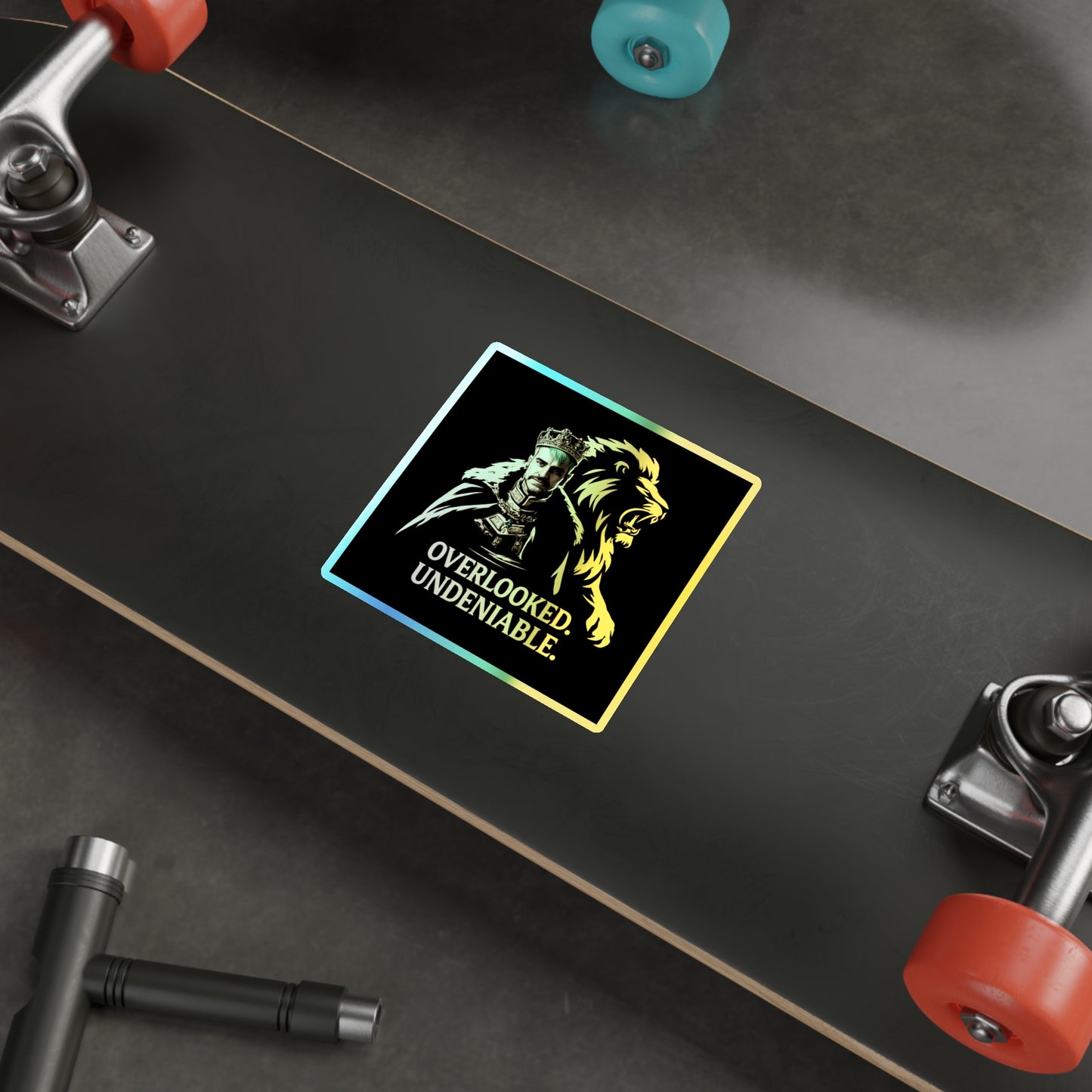 Holographic Lion Crest Sticker — “Overlooked. Undeniable.” Die-Cut Vinyl