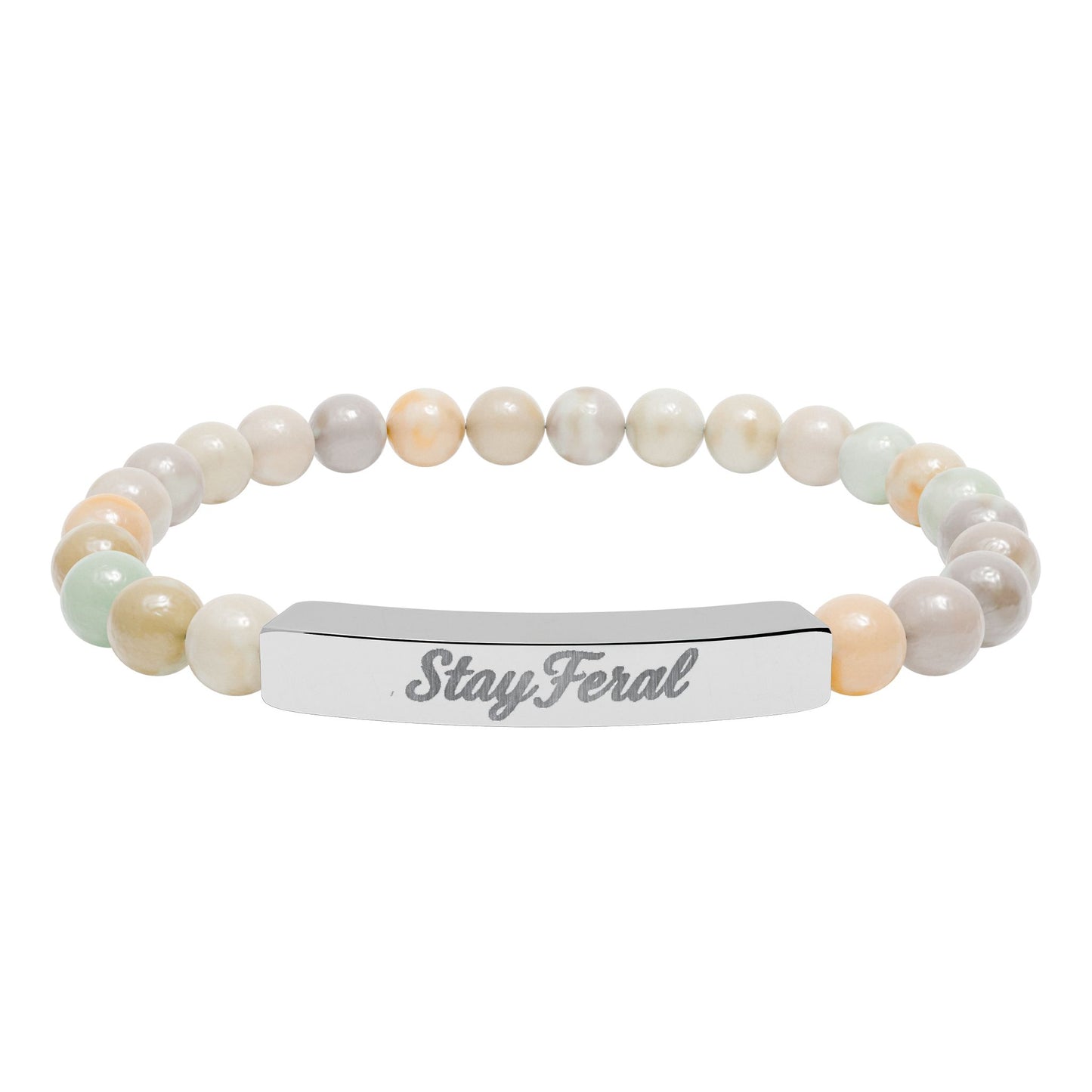 Engravable Natural Stone Bar Bracelet — Personalized Stretch Beaded Bracelet (e.g., "Stay Feral")