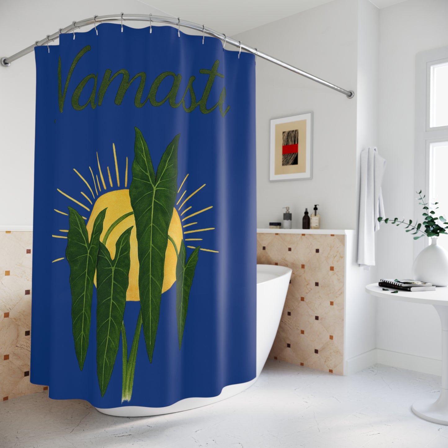 Namaste Shower Curtain — Boho Sun & Tropical Leaves Bathroom Decor