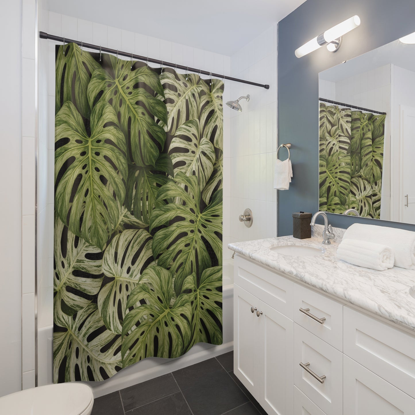 Tropical Monstera Shower Curtain — Green Botanical Leaf Bathroom Décor