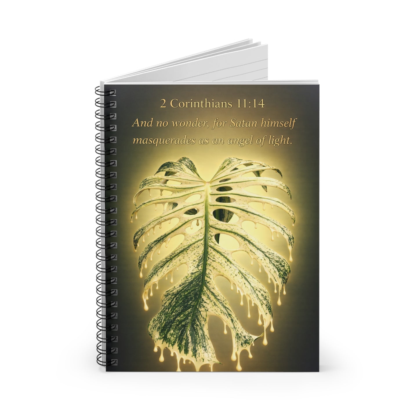 Christian Verse Spiral Notebook — 2 Corinthians 11:14 Monstera Leaf Journal