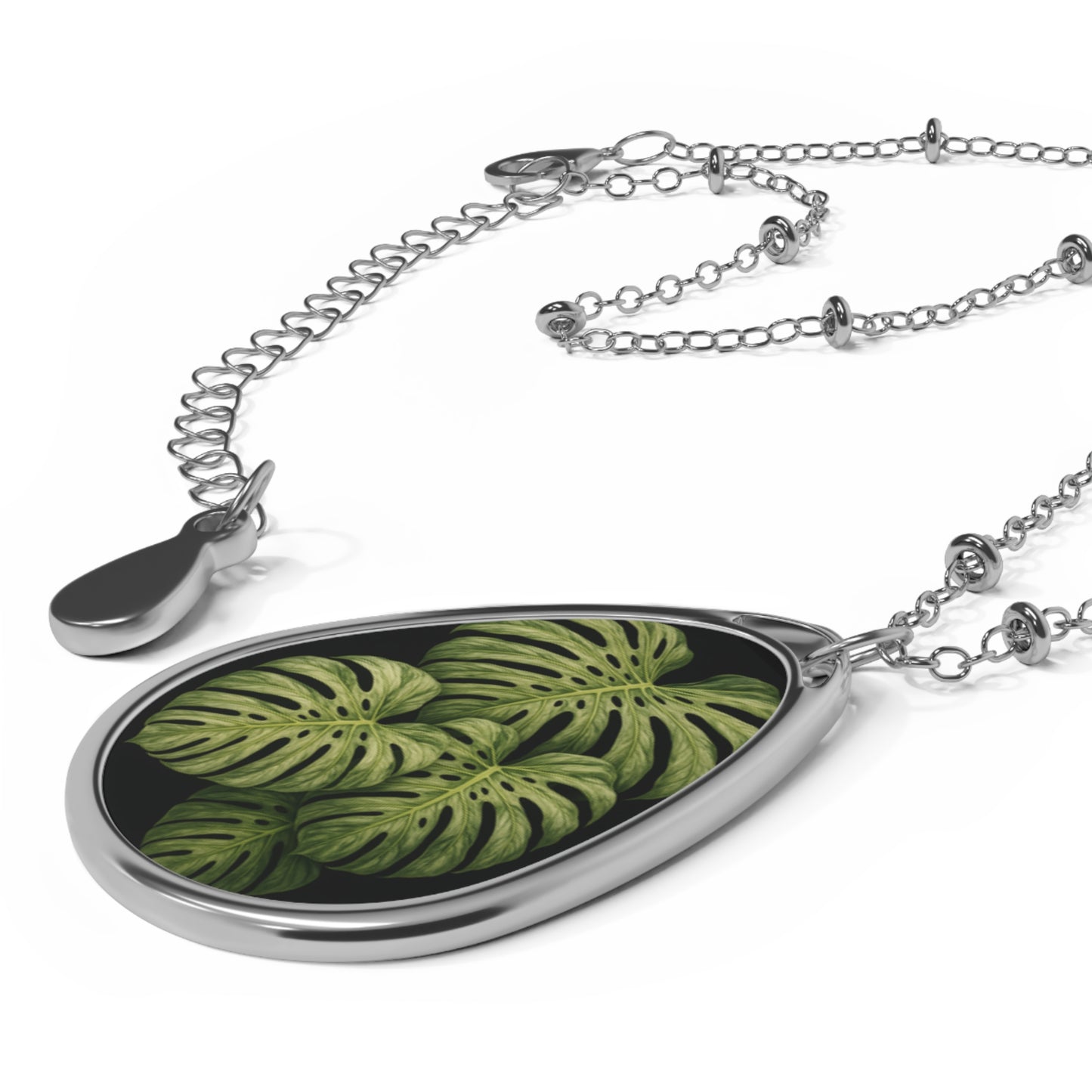 Monstera Leaf Oval Pendant Necklace — Botanical Teardrop Jewelry