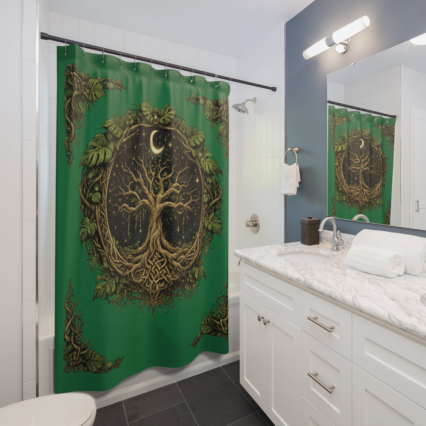 Celtic Tree of Life Shower Curtain — Moonlit Green Mystical Bathroom Decor